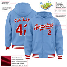 Загрузить изображение в средство просмотра галереи, Custom Light Blue Red-White Bomber Full-Snap Varsity Letterman Hoodie Jacket
