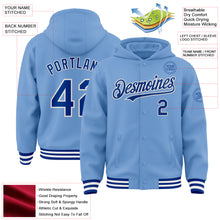 Загрузить изображение в средство просмотра галереи, Custom Light Blue Royal-White Bomber Full-Snap Varsity Letterman Hoodie Jacket
