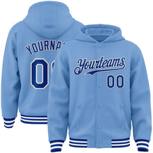 Загрузить изображение в средство просмотра галереи, Custom Light Blue Royal-White Bomber Full-Snap Varsity Letterman Hoodie Jacket
