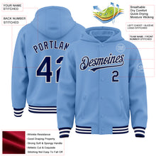 Charger l&#39;image dans la galerie, Custom Light Blue Navy-White Bomber Full-Snap Varsity Letterman Hoodie Jacket
