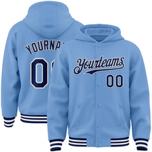 Charger l&#39;image dans la galerie, Custom Light Blue Navy-White Bomber Full-Snap Varsity Letterman Hoodie Jacket
