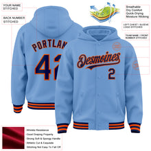 Загрузить изображение в средство просмотра галереи, Custom Light Blue Navy-Orange Bomber Full-Snap Varsity Letterman Hoodie Jacket
