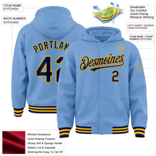 Загрузить изображение в средство просмотра галереи, Custom Light Blue Navy-Gold Bomber Full-Snap Varsity Letterman Hoodie Jacket
