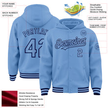 Загрузить изображение в средство просмотра галереи, Custom Light Blue Navy Bomber Full-Snap Varsity Letterman Hoodie Jacket
