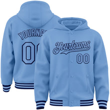 Загрузить изображение в средство просмотра галереи, Custom Light Blue Navy Bomber Full-Snap Varsity Letterman Hoodie Jacket
