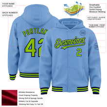 Load image into Gallery viewer, Custom Light Blue Neon Green-Navy Bomber Full-Snap Varsity Letterman Hoodie Jacket
