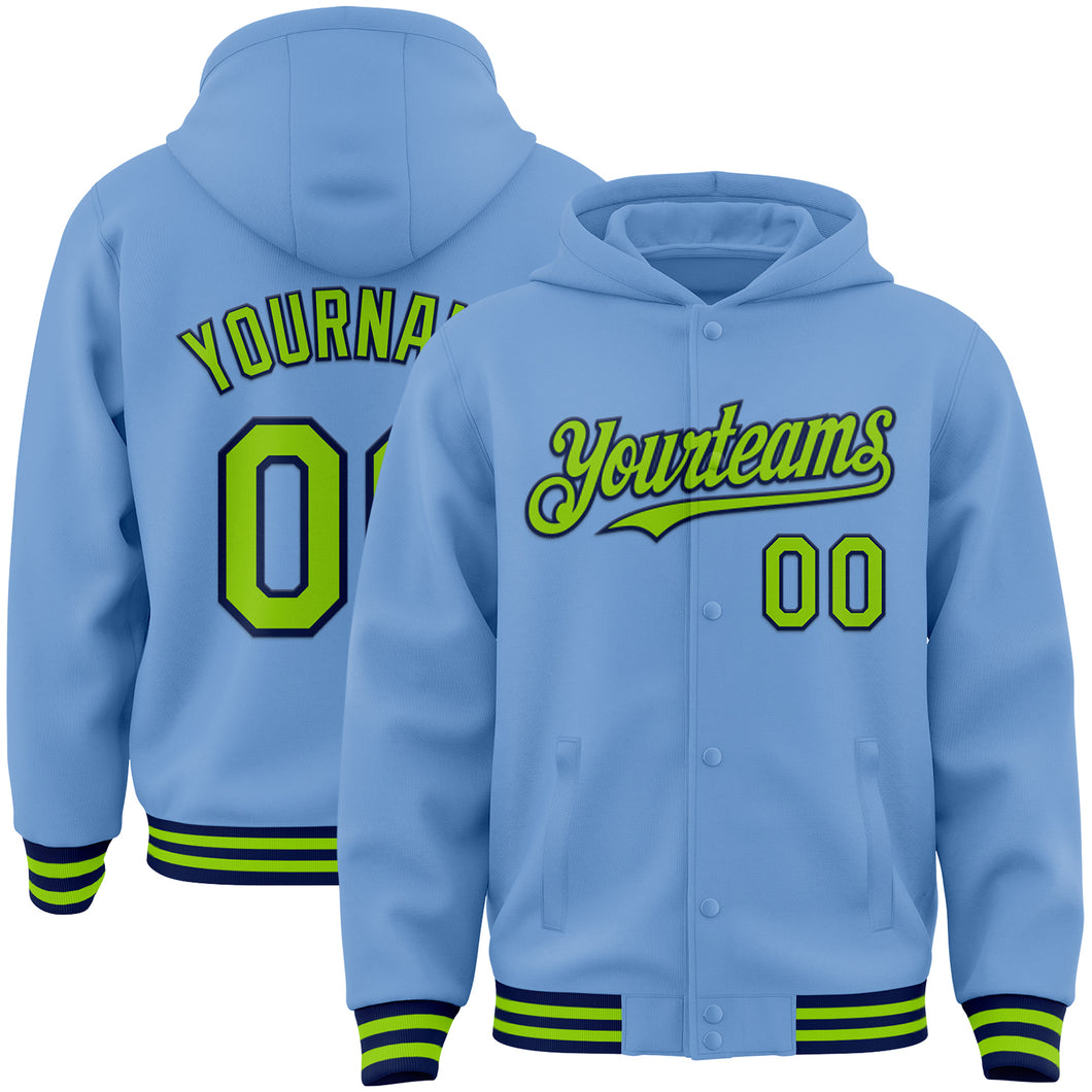 Custom Light Blue Neon Green-Navy Bomber Full-Snap Varsity Letterman Hoodie Jacket