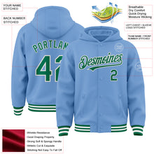 Загрузить изображение в средство просмотра галереи, Custom Light Blue Kelly Green-White Bomber Full-Snap Varsity Letterman Hoodie Jacket
