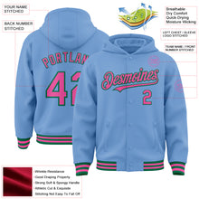 Charger l&#39;image dans la galerie, Custom Light Blue Pink-Kelly Green Bomber Full-Snap Varsity Letterman Hoodie Jacket
