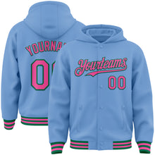 Charger l&#39;image dans la galerie, Custom Light Blue Pink-Kelly Green Bomber Full-Snap Varsity Letterman Hoodie Jacket
