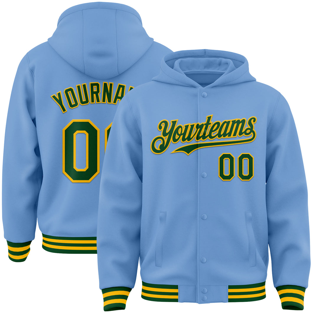 Custom Light Blue Green-Gold Bomber Full-Snap Varsity Letterman Hoodie Jacket