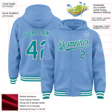 Загрузить изображение в средство просмотра галереи, Custom Light Blue Teal-White Bomber Full-Snap Varsity Letterman Hoodie Jacket
