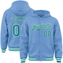 Загрузить изображение в средство просмотра галереи, Custom Light Blue Teal-White Bomber Full-Snap Varsity Letterman Hoodie Jacket
