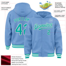 Загрузить изображение в средство просмотра галереи, Custom Light Blue Aqua-White Bomber Full-Snap Varsity Letterman Hoodie Jacket
