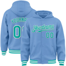 Загрузить изображение в средство просмотра галереи, Custom Light Blue Aqua-White Bomber Full-Snap Varsity Letterman Hoodie Jacket
