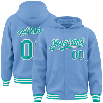 Custom Light Blue Aqua-White Bomber Full-Snap Varsity Letterman Hoodie Jacket