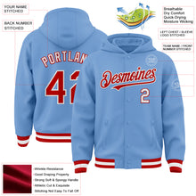 Charger l&#39;image dans la galerie, Custom Light Blue Red-White Bomber Full-Snap Varsity Letterman Hoodie Jacket
