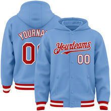 Charger l&#39;image dans la galerie, Custom Light Blue Red-White Bomber Full-Snap Varsity Letterman Hoodie Jacket
