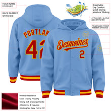 Laden Sie das Bild in den Galerie-Viewer, Custom Light Blue Red-Gold Bomber Full-Snap Varsity Letterman Hoodie Jacket
