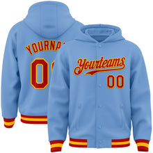 Laden Sie das Bild in den Galerie-Viewer, Custom Light Blue Red-Gold Bomber Full-Snap Varsity Letterman Hoodie Jacket
