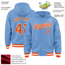 Laden Sie das Bild in den Galerie-Viewer, Custom Light Blue Orange-White Bomber Full-Snap Varsity Letterman Hoodie Jacket
