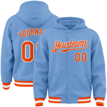 Laden Sie das Bild in den Galerie-Viewer, Custom Light Blue Orange-White Bomber Full-Snap Varsity Letterman Hoodie Jacket
