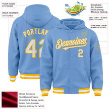 Load image into Gallery viewer, Custom Light Blue White-Gold Bomber Full-Snap Varsity Letterman Hoodie Jacket
