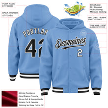 Laden Sie das Bild in den Galerie-Viewer, Custom Light Blue Black-White Bomber Full-Snap Varsity Letterman Hoodie Jacket
