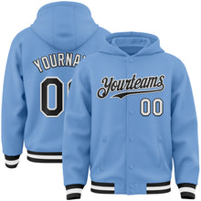 Laden Sie das Bild in den Galerie-Viewer, Custom Light Blue Black-White Bomber Full-Snap Varsity Letterman Hoodie Jacket
