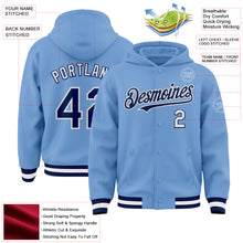 Laden Sie das Bild in den Galerie-Viewer, Custom Light Blue Navy-White Bomber Full-Snap Varsity Letterman Hoodie Jacket
