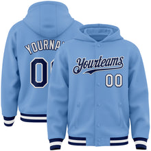 Laden Sie das Bild in den Galerie-Viewer, Custom Light Blue Navy-White Bomber Full-Snap Varsity Letterman Hoodie Jacket
