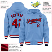 Laden Sie das Bild in den Galerie-Viewer, Custom Light Blue Red-Navy Bomber Full-Snap Varsity Letterman Hoodie Jacket
