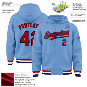 Custom Light Blue Red-Navy Bomber Full-Snap Varsity Letterman Hoodie Jacket