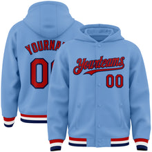 Laden Sie das Bild in den Galerie-Viewer, Custom Light Blue Red-Navy Bomber Full-Snap Varsity Letterman Hoodie Jacket
