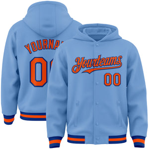 Custom Light Blue Orange-Royal Bomber Full-Snap Varsity Letterman Hoodie Jacket