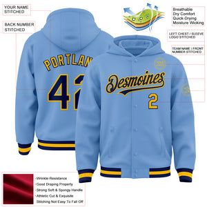 Custom Light Blue Navy-Gold Bomber Full-Snap Varsity Letterman Hoodie Jacket