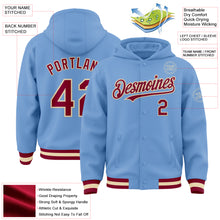 Charger l&#39;image dans la galerie, Custom Light Blue Maroon-Cream Bomber Full-Snap Varsity Letterman Hoodie Jacket
