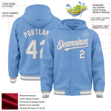 Laden Sie das Bild in den Galerie-Viewer, Custom Light Blue White-Gray Bomber Full-Snap Varsity Letterman Hoodie Jacket
