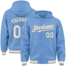 Laden Sie das Bild in den Galerie-Viewer, Custom Light Blue White-Gray Bomber Full-Snap Varsity Letterman Hoodie Jacket
