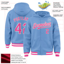 Charger l&#39;image dans la galerie, Custom Light Blue Pink-White Bomber Full-Snap Varsity Letterman Hoodie Jacket
