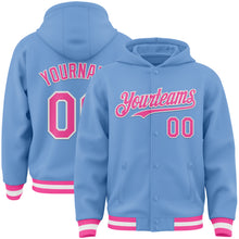 Charger l&#39;image dans la galerie, Custom Light Blue Pink-White Bomber Full-Snap Varsity Letterman Hoodie Jacket
