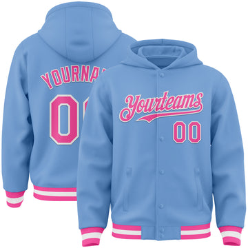 Custom Light Blue Pink-White Bomber Full-Snap Varsity Letterman Hoodie Jacket