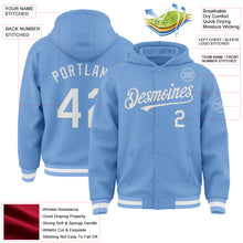 Charger l&#39;image dans la galerie, Custom Light Blue White Bomber Full-Snap Varsity Letterman Hoodie Jacket
