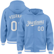 Charger l&#39;image dans la galerie, Custom Light Blue White Bomber Full-Snap Varsity Letterman Hoodie Jacket
