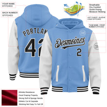 Laden Sie das Bild in den Galerie-Viewer, Custom Light Blue Black-White Bomber Full-Snap Varsity Letterman Two Tone Hoodie Jacket
