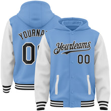 Laden Sie das Bild in den Galerie-Viewer, Custom Light Blue Black-White Bomber Full-Snap Varsity Letterman Two Tone Hoodie Jacket
