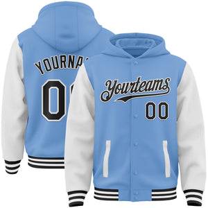 Custom Light Blue Black-White Bomber Full-Snap Varsity Letterman Two Tone Hoodie Jacket