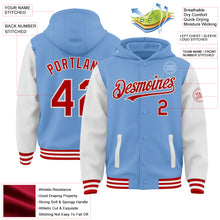 Charger l&#39;image dans la galerie, Custom Light Blue Red-White Bomber Full-Snap Varsity Letterman Two Tone Hoodie Jacket
