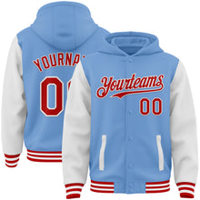 Charger l&#39;image dans la galerie, Custom Light Blue Red-White Bomber Full-Snap Varsity Letterman Two Tone Hoodie Jacket
