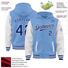 Charger l&#39;image dans la galerie, Custom Light Blue Royal-White Bomber Full-Snap Varsity Letterman Two Tone Hoodie Jacket
